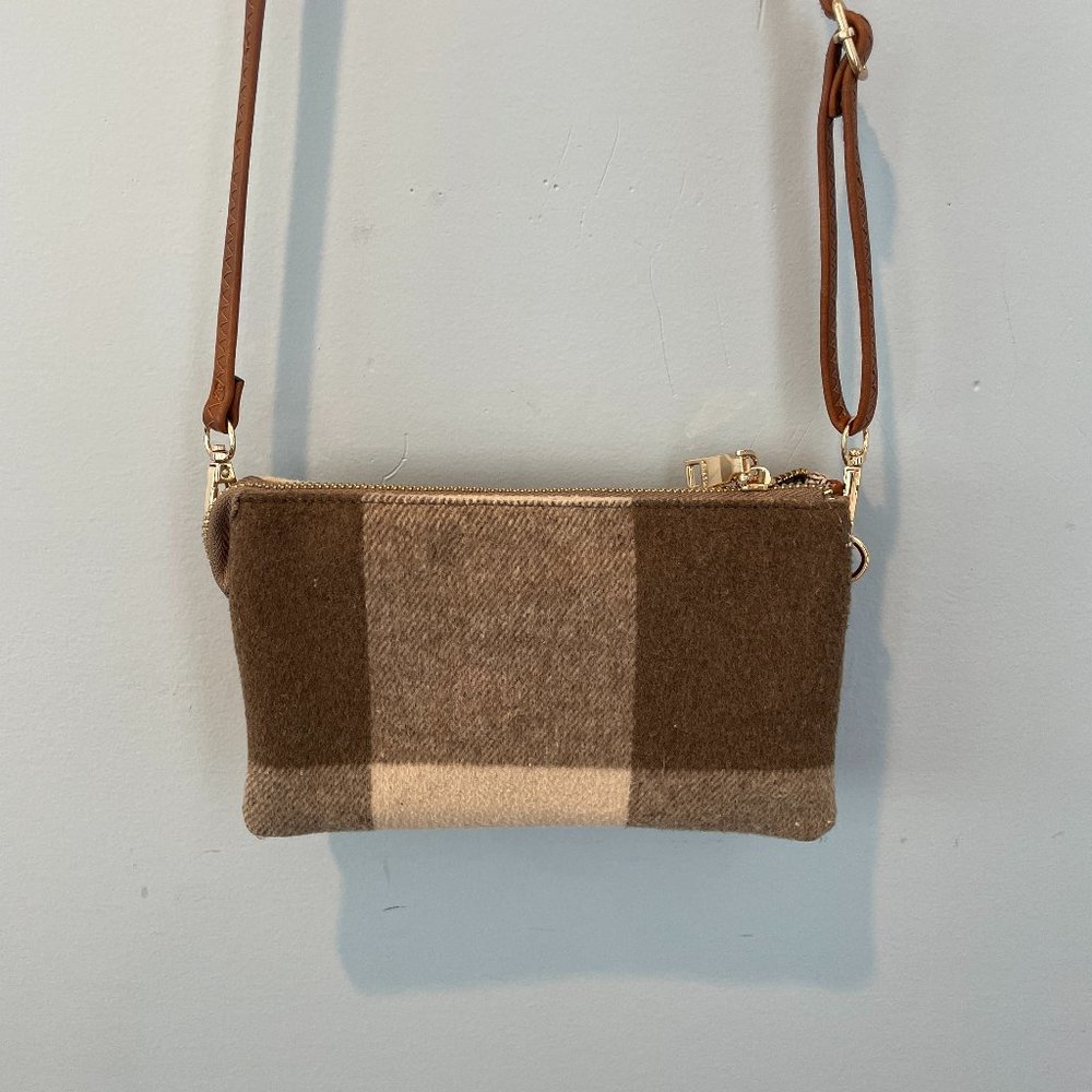 Jen & Co Small Purse Wallet Plaid Camel Off White